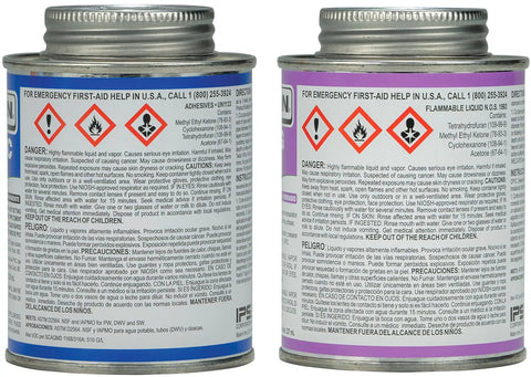 Twin Pack 780 PVC Regular Bodied Plumbing Solvent Cement And Purple Primer Set, hazard warning labels visible on cans