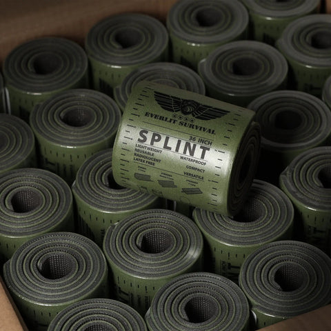 Box of rolled Survival 36 Inch Splint Lightweight Reusable Waterproof First Aid Medical Tactical Field Splints for bone fracture care.