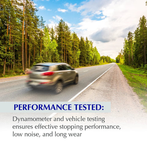 Centric 105.12100 Posi Quiet Ceramic brake pads with shims and hardware; motion-blurred SUV on highway.