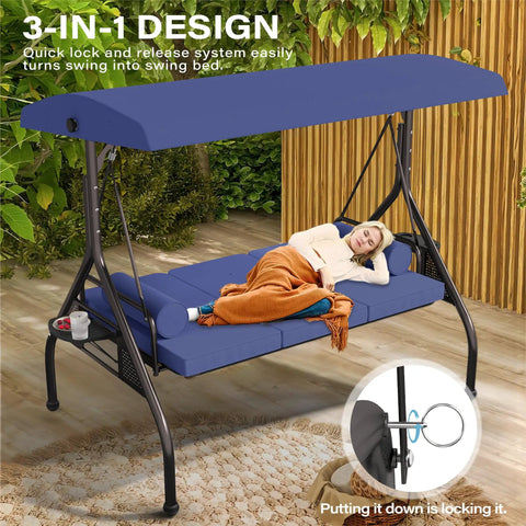 Person relaxing on a Three In One Outdoor Porch Swing Bed With Canopy Three Seat Patio Glider Cushioned Swing With Cup Holders And Pillows For Backyard Hangouts Porch Or Garden In Dark Blue