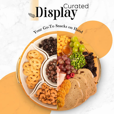 Chip and Dip Serving Set with 13.5 Inch Ceramic Platters and Trays, Divided Appetizer Tray on rotating base with assorted snacks