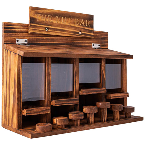 Wooden Squirrel Picnic Table Feeder With Four Seed Compartments And Seven Tier Bar Stools, Durable Burnt Wood Finish