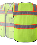 Solid High Visibility Reflective Safety Vest With Multiple Pockets Built Tough For Daily Grind Ansi Compliant Yellow Mesh Vest, front and back view.