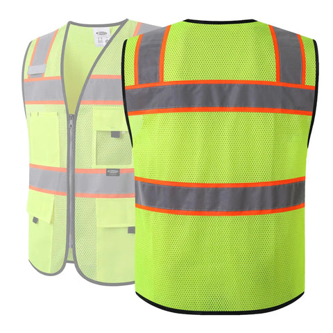 Solid High Visibility Reflective Safety Vest With Multiple Pockets Built Tough For Daily Grind Ansi Compliant Yellow Mesh Vest, front and back view.