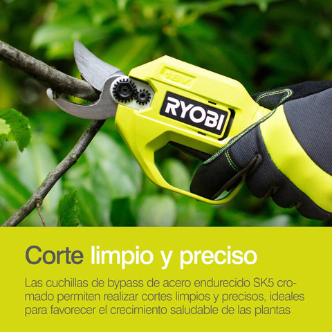 18V One Plus Cordless Pruner Secateurs cutting branch, visible grip for thick gloves, bare tool