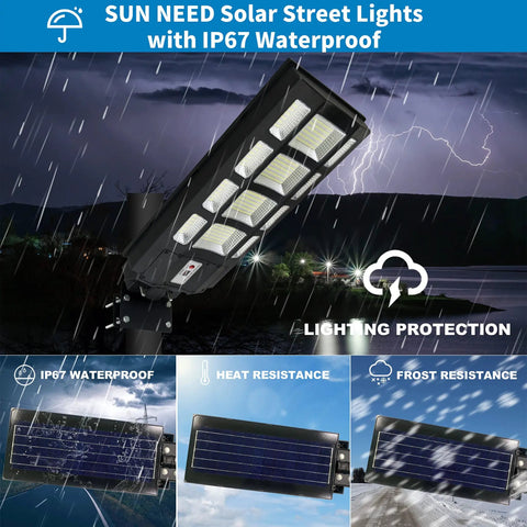 Beefy 400W Solar Street Light Dusk To Dawn With Motion Sensor Remote IP67 Waterproof showing rain protection features