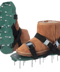 Brown winter boots on green Lawn Aerator Spike Shoes With Three Metal Buckle Straps for soil aeration, side and bottom view.