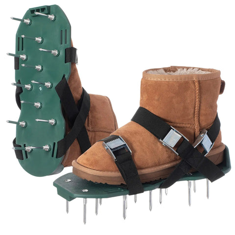Brown winter boots on green Lawn Aerator Spike Shoes With Three Metal Buckle Straps for soil aeration, side and bottom view.