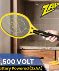Person holding High Voltage Bug Zapper Racket With 3500 Volt Grid Battery Powered Two Pack Includes Two AAs Instant Mosquito And Fly Elimination Portable Indoor Outdoor Bug Catcher Safe Easy Push Button Activation.
