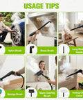 Usage tips for Hakosci 1500W Portable Handheld Steam Cleaner showing accessories for effective cleaning.