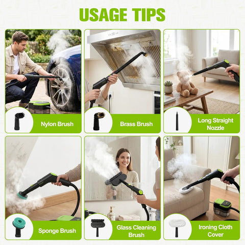 Usage tips for Hakosci 1500W Portable Handheld Steam Cleaner showing accessories for effective cleaning.