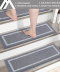 Person stepping on Cozy Stair Treads Non Slip Carpet Mats 28x9 Inches For Indoor Wooden Steps 4 Pack Polyester With TPE Backing Kid And Pet Friendly Quiet Durable Stair Rugs For Hardwood Grey