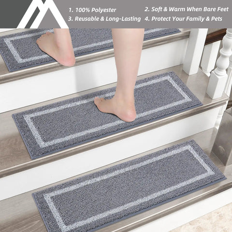 Person stepping on Cozy Stair Treads Non Slip Carpet Mats 28x9 Inches For Indoor Wooden Steps 4 Pack Polyester With TPE Backing Kid And Pet Friendly Quiet Durable Stair Rugs For Hardwood Grey