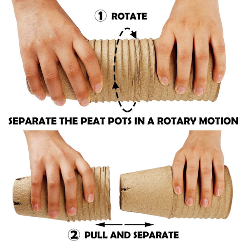Hands demonstrating how to separate peat pots from the Seed Starter Tray Kit With 100 Biodegradable Peat Pots And 100 Plant Labels.