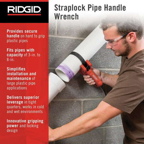 Man using Straplock 7 Inch Strap Wrench Pipe Handle With Locking Design for grips on plastic pipes, red finish, cold environment.