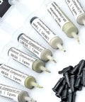 Diamond Polishing Paste Kit With 10 Pro Grade Pastes Featuring 50 Percent Diamond Powder, Oil Based Compound, Grit Range From 400 To 200000, Ideal For Marble Glass Metal Jewelry Resin Silver Gemstones, Made In USA, Includes 5 Gram Syringes displayed with black caps.