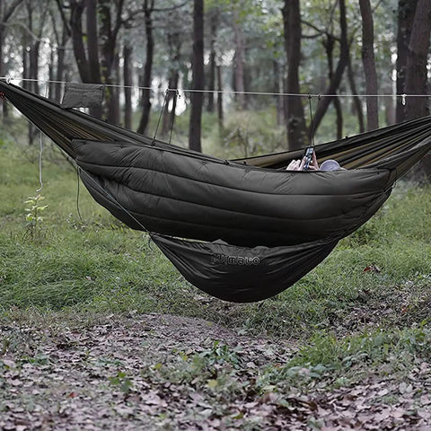 Underbelly Gear Sling Hammock For Camp Gear Storage, lightweight OD green hammock in forest, visible paracord holding weight.