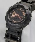 Close-up of black G-Shock watch face with black band, gears visible. Watch Adapters for Tread and Tread LT in Black 16mm Lug Size.