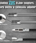 SHALL Mini grease gun kit: metal extension rods, 4-jaw couplers, sharp nozzle, extension adapter.