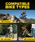Cyclist riding MTB bike with rocky terrain, child with kids' bike, cruiser bike with basket; set of 2 24 inch bike inner tubes AV32 compatible.
