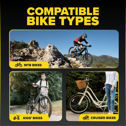 Cyclist riding MTB bike with rocky terrain, child with kids' bike, cruiser bike with basket; set of 2 24 inch bike inner tubes AV32 compatible.