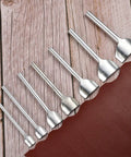 Arc Shaped Leather Edge Cutter Punch Set 7 Pieces Pro Grade Steel Heavy Duty Hand Punches For Crafting Straps Belts Wallets And Bags DIY Leatherwork Half Round Sizes From 10mm To 40mm on wooden background with leather piece