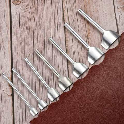 Arc Shaped Leather Edge Cutter Punch Set 7 Pieces Pro Grade Steel Heavy Duty Hand Punches For Crafting Straps Belts Wallets And Bags DIY Leatherwork Half Round Sizes From 10mm To 40mm on wooden background with leather piece