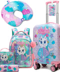 Colorful kids travel luggage set with 16-inch hard shell suitcase, backpack, lunch bag, neck pillow, and luggage tag for girls.
