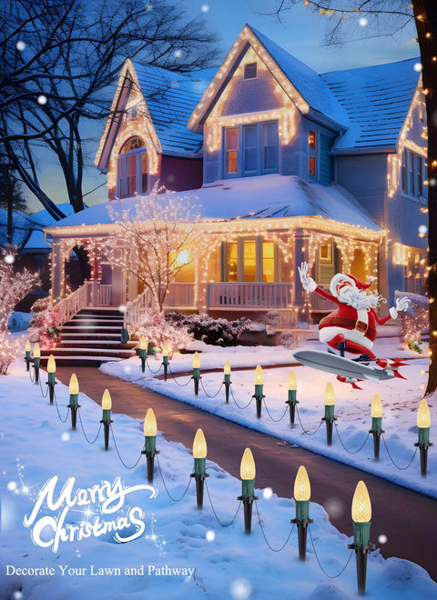 Outdoor Twenty Five Point Seven Feet 20 LED C9 Christmas String Lights With Strawberry Shell Stakes installed along snowy walkway