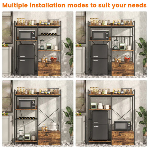 Super Handy 4 Tier Fridge Stand With Storage Shelves And Rolling Drawer Bakers Rack With multiple installation modes