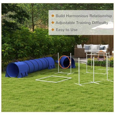 Blue 7 Piece Dog Agility Training Set For Backyard Fun with weave poles, tunnels, hurdles, jump ring, and pause box on grass