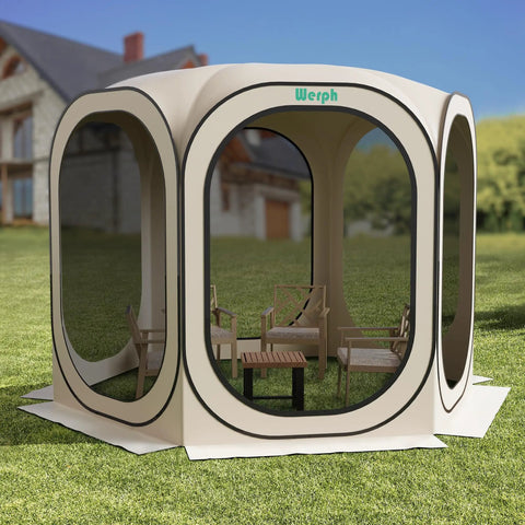 10x10 Pop Up Screen Tent With Mosquito Net UV Resistant Roof Waterproof Canopy Quick Setup Outdoor Shelter in Beige on lawn