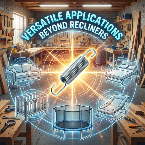 Hassle Free Two Pack 3-5/8 Inch Recliner Tension Spring Replacement shown in workshop with versatile applications beyond recliners.
