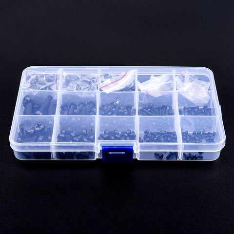 Top Shelf Heavy Duty Black Nylon Phillips Pan Head Screw And Hex Nut Assortment With 510 Metric Pieces M2 M2.5 M3 M4 M5 in clear storage box.