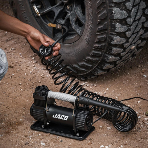 Heavy Duty Portable Air Compressor Tire Inflator Kit delivers no sweat quick fill with 3.5 CFM motor inflating truck tire.
