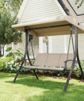 Three Seat Outdoor Patio Swing Chair With Adjustable Canopy And Armrests Breathable Textilene Seat And Back Comfortable Swing Bench For Garden Poolside Or Backyard 3 Person Seating Beige in garden setting