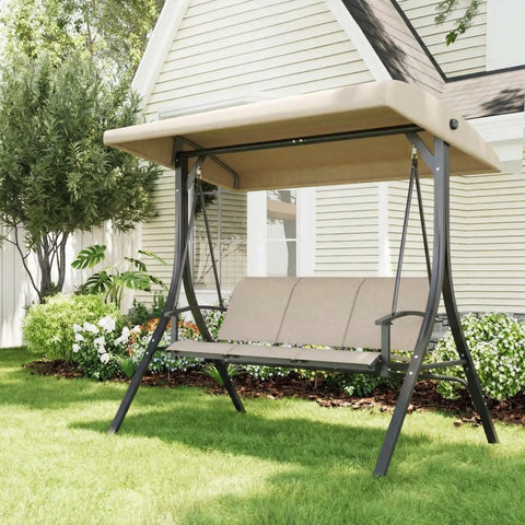 Three Seat Outdoor Patio Swing Chair With Adjustable Canopy And Armrests Breathable Textilene Seat And Back Comfortable Swing Bench For Garden Poolside Or Backyard 3 Person Seating Beige in garden setting