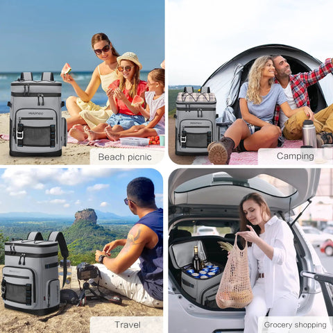 Collage of a large waterproof insulated cooler backpack used for beach picnic, camping, travel, and grocery shopping.