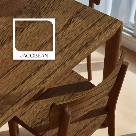 Close-up of wooden table stained with Premium Interior Water Based Wood Stain In Jacobean, showcasing rich color.
