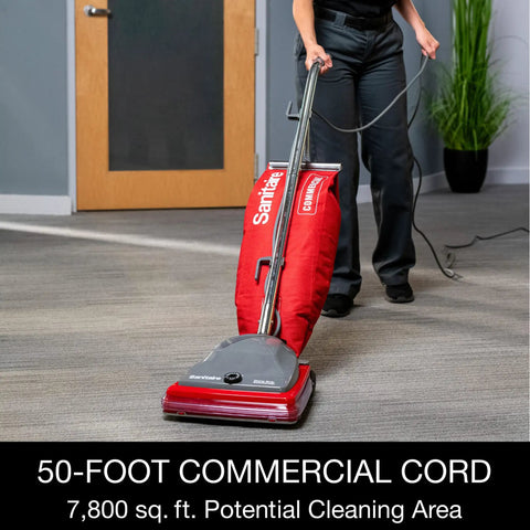 Hardcore Commercial Upright Bagged Vacuum Cleaner With Vibra Groomer Brush Roll in use on a carpet with 50-foot power cord.