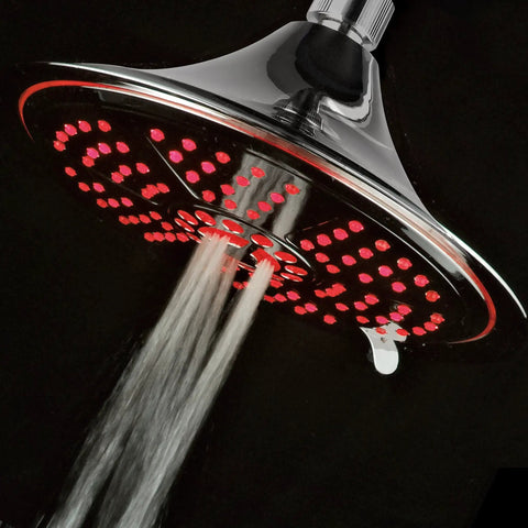 Ultra Luxe 8 Inch Rainfall LED Shower Head With Five Settings Chrome Face Water Powered Color Changing Temperature LEDs Spa Quality Bath Upgrade For Your Home, illuminated with red lights, water flowing.