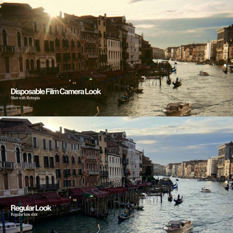 Comparison of disposable film camera look and regular look images using Repurposed Disposable Camera Inspired Mirrorless Pancake Lens For Sony E Mount 32mm Focal Length With Fixed F11 Aperture Ultra Compact Body Old School Instant Film Look Photos For Sony Mirrorless Cameras.