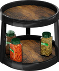 Two Tier Lazy Susan Spice Organizer For Cabinets And Pantries, Ten Inch Diameter Rustic Brown Turntable Rack with jars