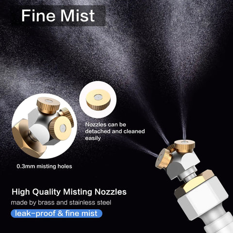 Upgraded 2025 Outdoor Patio Misting System With 3 Brass Nozzles, showing mist dispersion and detachable nozzle design.