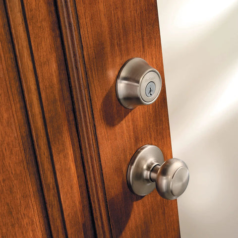 660 Series Single Cylinder Deadbolt Lock In Satin Nickel With SmartKey Rekey Security on wooden door
