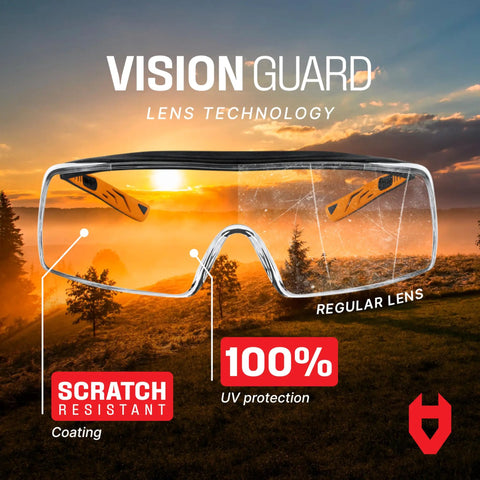 Over Eyeglasses Safety Glasses for Men and Women With Scratch Resistant Lenses, showcasing Vision Guard lens technology.