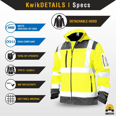 Galaxy Limited Edition Pattern Class Three Reflective Softshell Jacket Water Resistant Breathable Fleece Lined High Visibility Safety Gear For Construction Workers Road Crews And More In Yellow Xl Size with detachable hood and soft shell material.