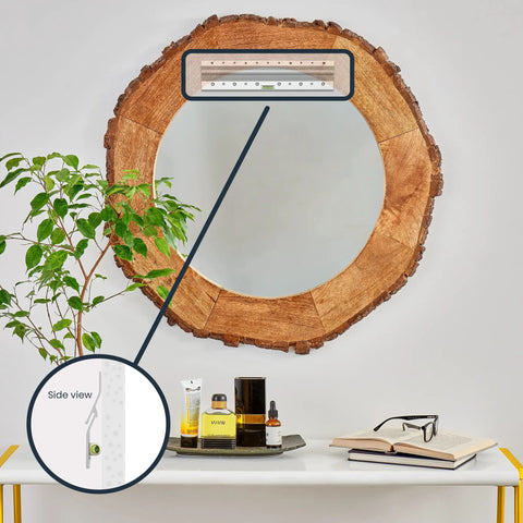 Mirror displayed with French Cleat Picture And Mirror Hanger With Hardware, 100 Lb Capacity, Aluminum Construction, Interlocking Brackets.