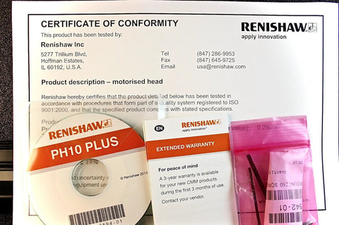 Certificate of conformity for Top Tier Ph10mq Cmm Probe Head with warranty and accessories.