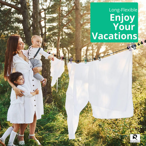 Travel Clothesline With 12 Colorful Clips And Waterproof Bag For Indoor Drying And Outdoor Camping Or RV Use in use outdoors